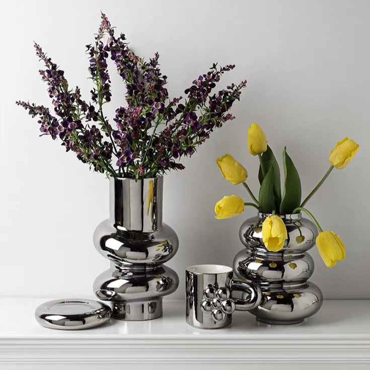 Cleo Ceramic Vase - White/Silver