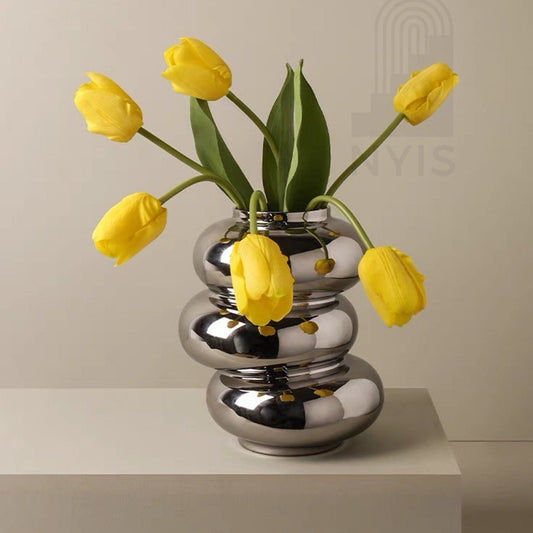 Triple Curve Ceramic Vase - White/Silver