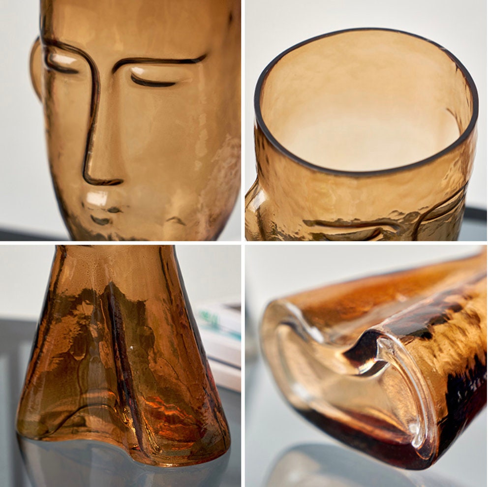 Glass Face Flower Vase, Abstract Face Vase, Hand Blown art vase, bouquet vase, amber glass vase, unique gift for woman