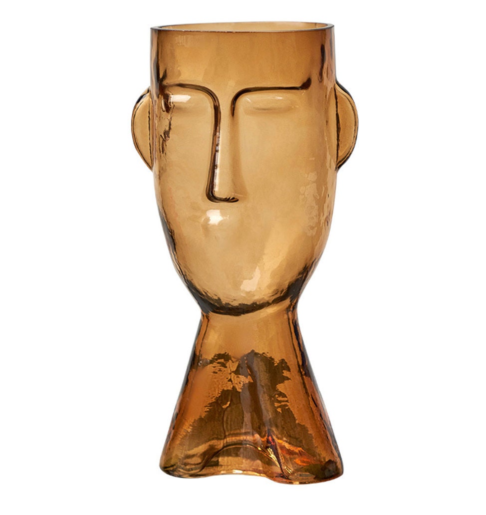 Glass Face Flower Vase, Abstract Face Vase, Hand Blown art vase, bouquet vase, amber glass vase, unique gift for woman