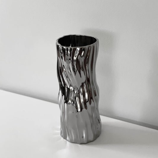 Silver Ripples Ceramic Vase sculptural silver glaze