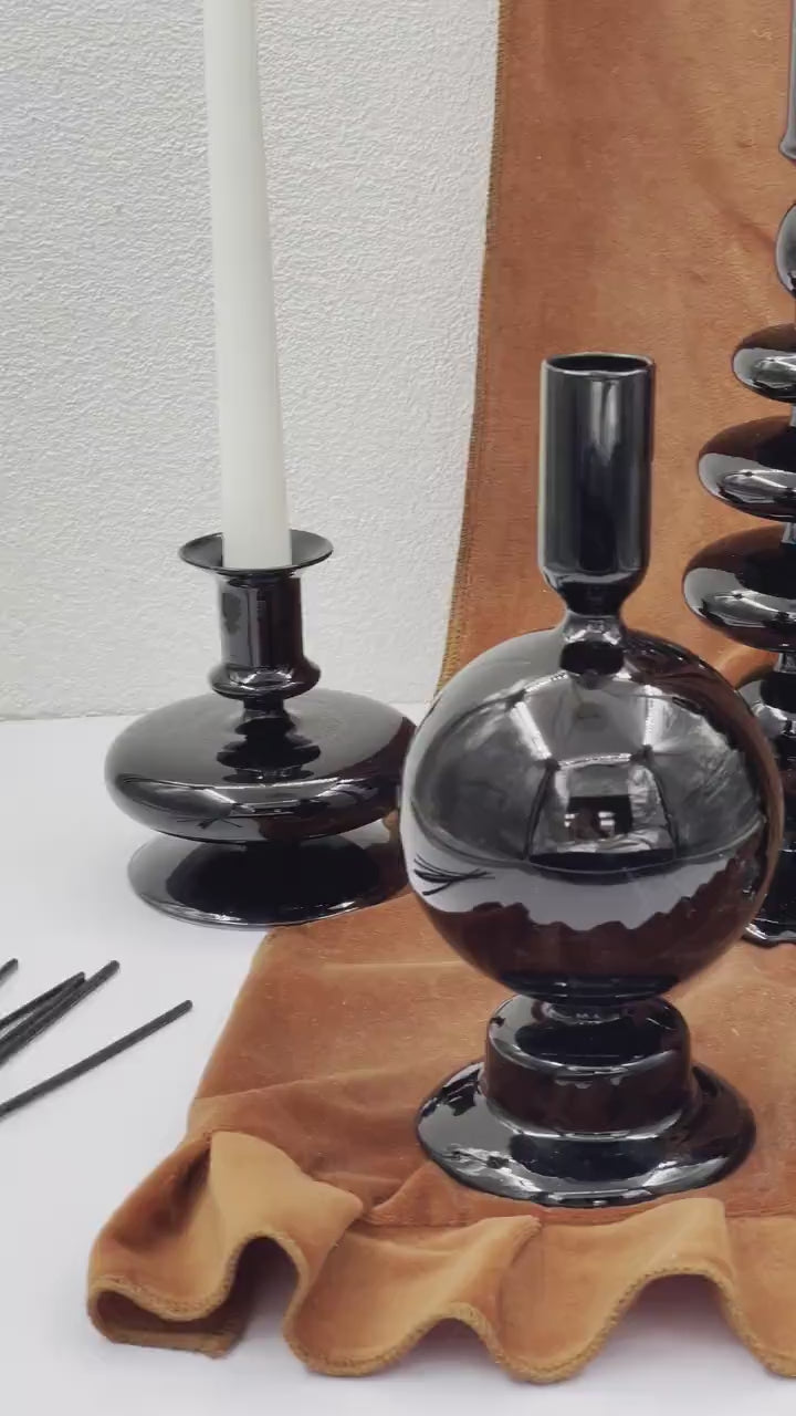 Black Glass Candle Holders, Hand Blown Retro Candlestick Holders, Home Decor, retro decor, vintage decor, unique gift for woman