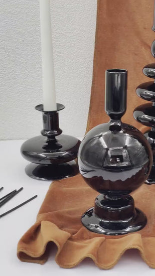 Black Glass Candle Holders, Hand Blown Retro Candlestick Holders, Home Decor, retro decor, vintage decor, unique gift for woman