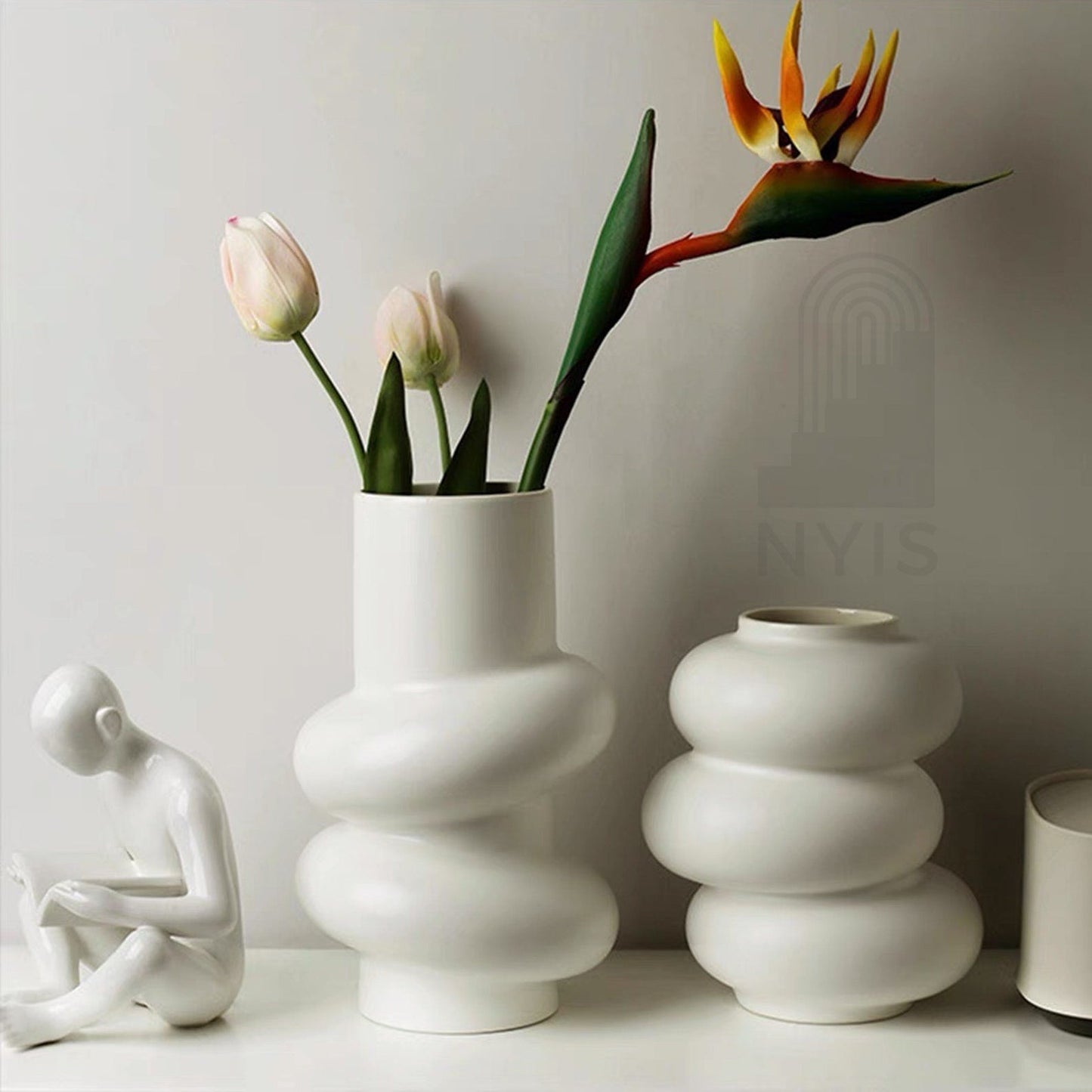 Triple Curve Ceramic Vase - White/Silver