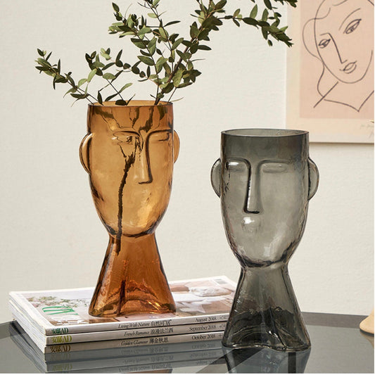 Glass Face Flower Vase, Abstract Face Vase, Hand Blown art vase, bouquet vase, amber glass vase, unique gift for woman