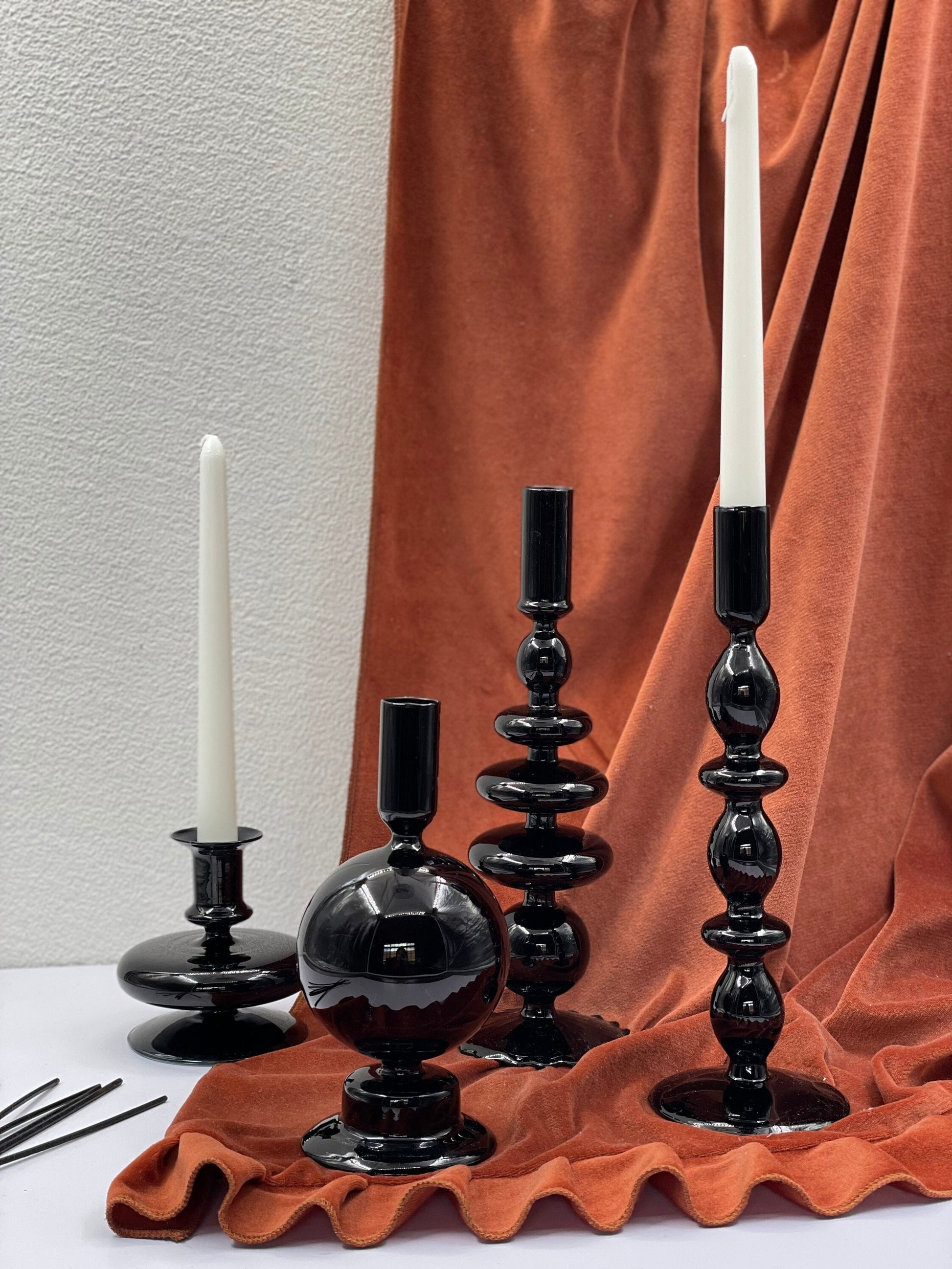 Black Glass Candle Holders, Hand Blown Retro Candlestick Holders, Home Decor, retro decor, vintage decor, unique gift for woman